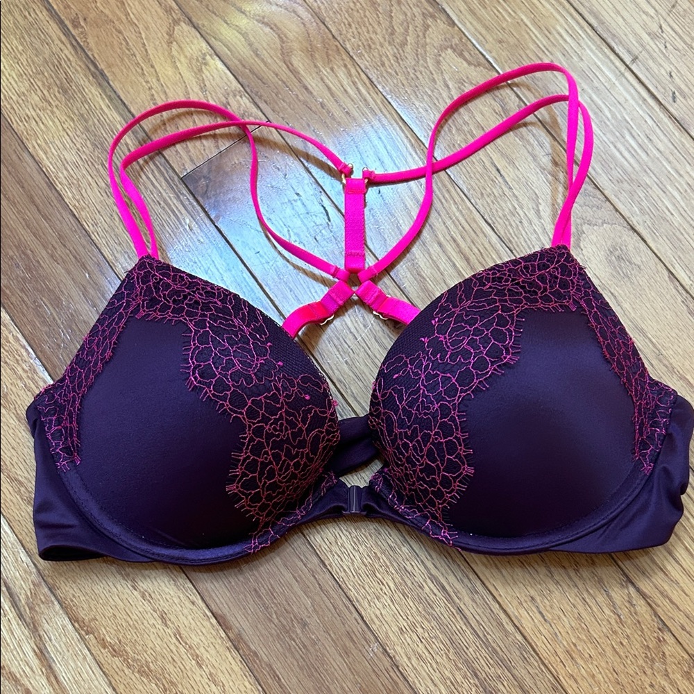 Victoria’s Secret Lace-Accent Push-Up Bra in Plum with Hot Pink Straps 34C